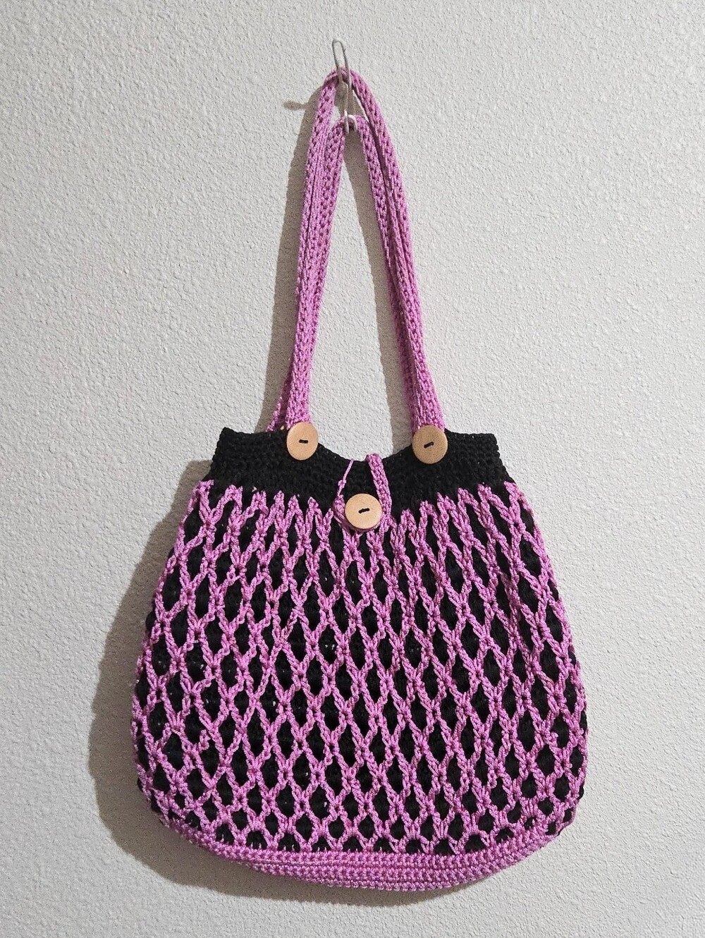 Handcrafted Crocheted Tote - Orchid Pink & Black - Wooden Buttons - Size 17 x 18